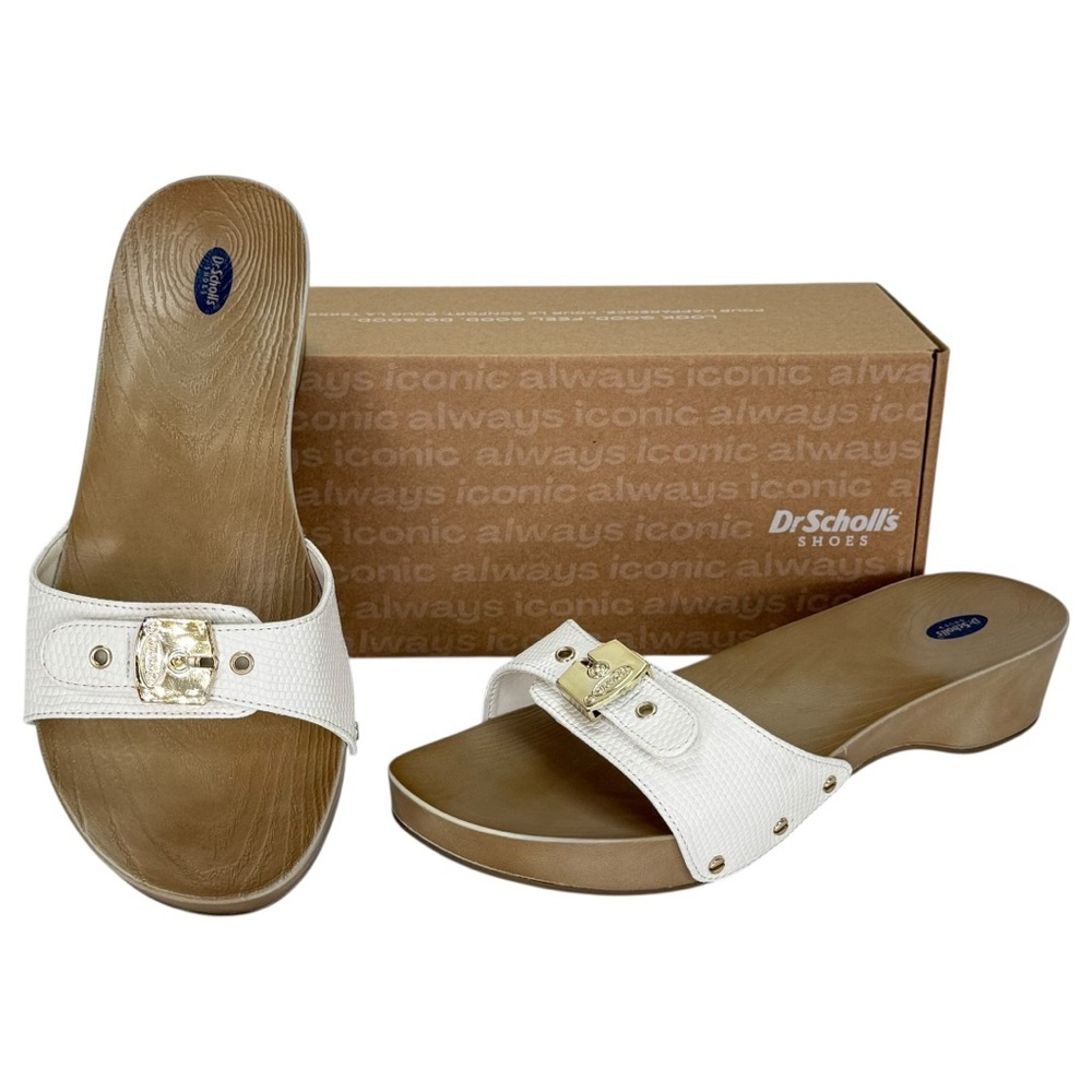 Dr. Scholl's White and Tan Wedge Slide Sandals